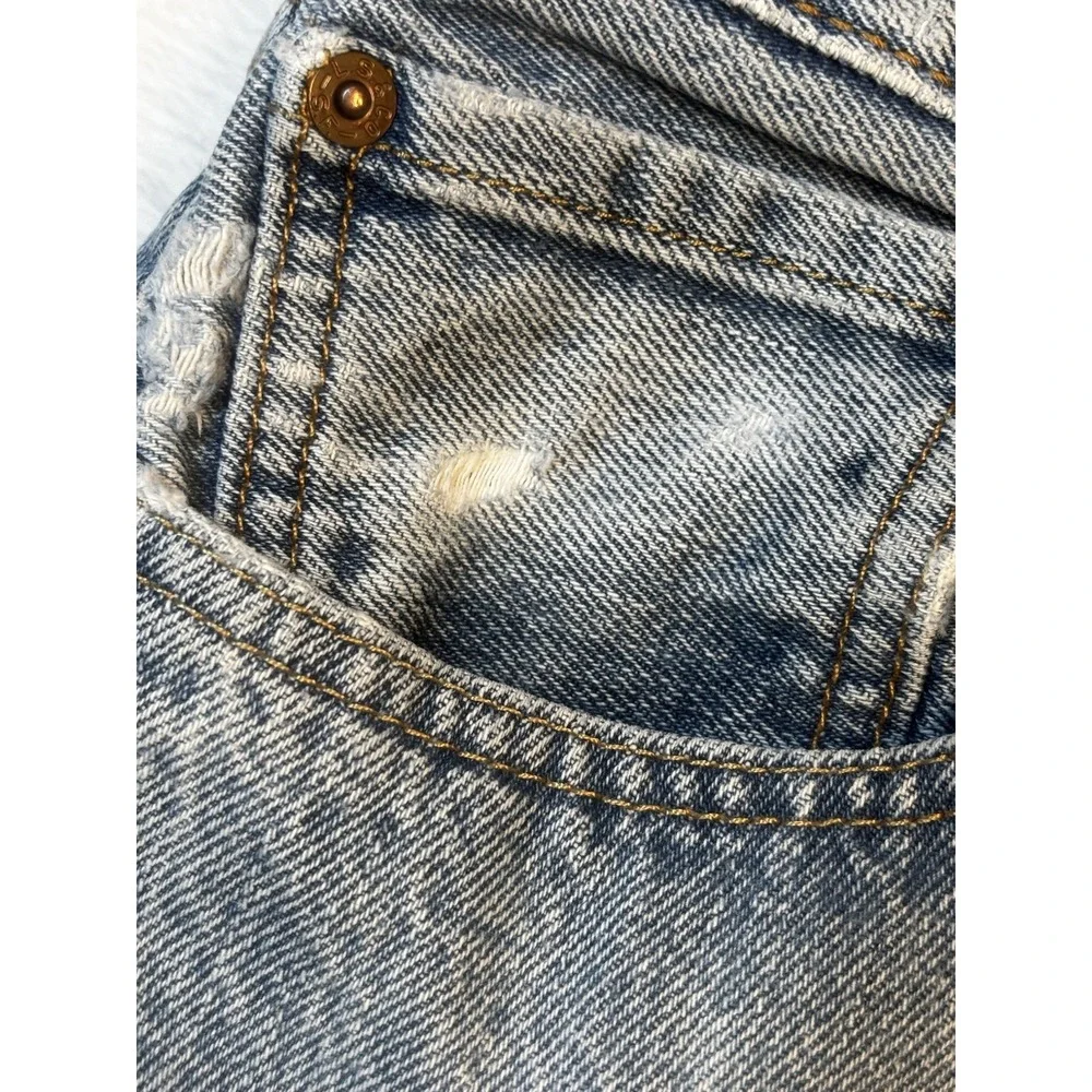 Levis 501 Jeans Mens Fit 36x28 Blue Denim Thrashed Straight Holes Raw‎ Hem
